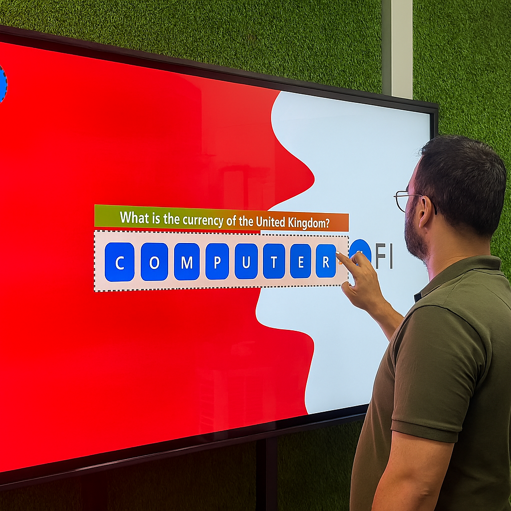 Guest playing word scramble game on large touchscreen at Dubai event with branded graphics and green artificial grass wall background.